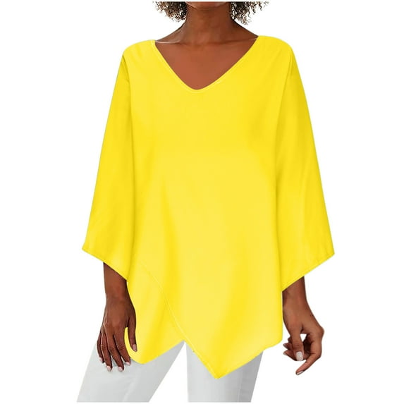 IROINNID On Sale Women's Long Sleeve V-Neck Shirts Comfortable V-Neck Long Sleeve Solid Color Cross Top Blouse,Yellow