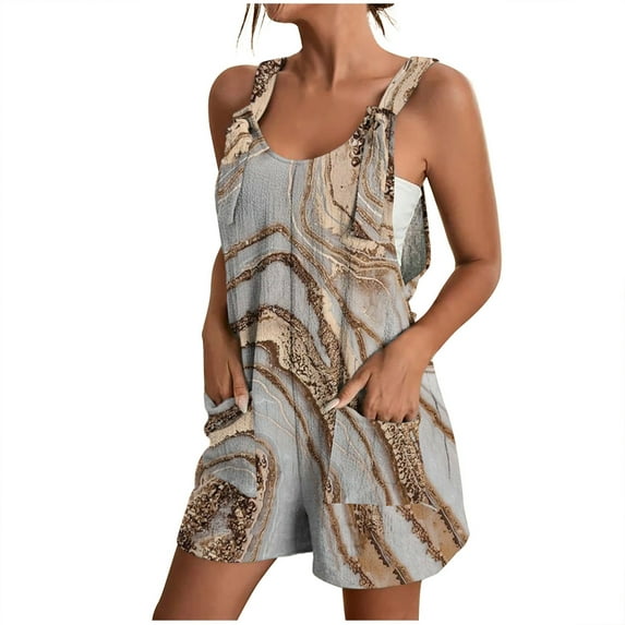 IROINNID One Piece Jumpsuit for Women Shorts Summer Loose Print Sleeveless Suspender Short Jumpsuit,Khaki