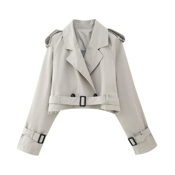 IROINNID Open Front Jacket for Women Casual Cropped Short Stylish Jacket Turndown Collar Belt Spring Jacket,Gray