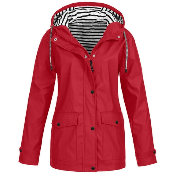 IROINNID Outdoor Jacket for Women Casual Windproof Jackets Outdoor Plus Size Zipper Button Raincoat Breathable Drawstring Hood Coat with Pocket,Red