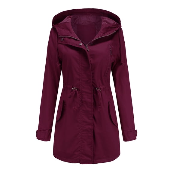 IROINNID Outdoor Jacket for Women Solid Rain Jacket Drawstring Waist Hooded Zip Up Windproof Outdoor Coat with Pocket,Burgundy
