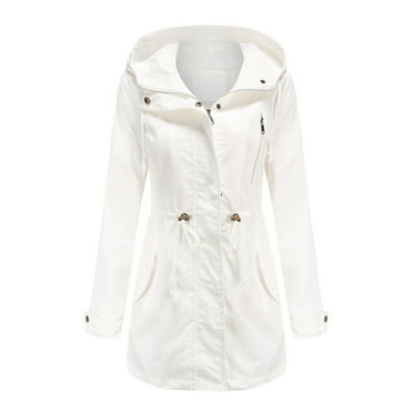 IROINNID Outdoor Jacket for Women Solid Rain Jacket Drawstring Waist Hooded Zip Up Windproof Outdoor Coat with Pocket,White