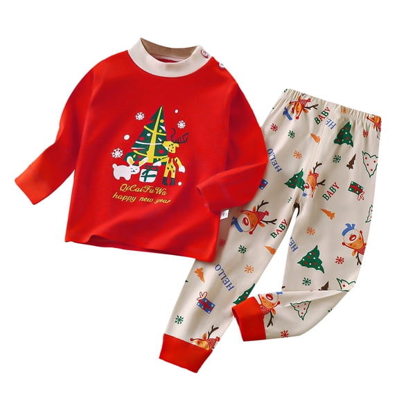 IROINNID Pajamas Set for Toddler Baby Cute Print 2 Pieces Crewneck Pullover Pants Cotton Warm Homewear Loungewear Outfits 3M-5Y,Red