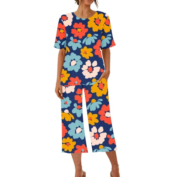 IROINNID Pajamas Set for Women Loose Fit V-Neck T-Shirt And Capri 2PC Sleepwear Sets Breathable Pajamas Set,Red