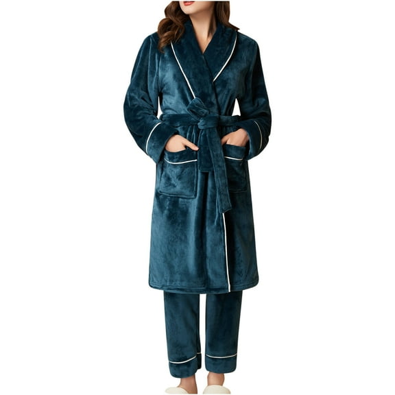 IROINNID Pajamas Set for Women Thickened Plush Robe And Pants Oversized Two Pieces Winter Warm Pajamas Sets,Green