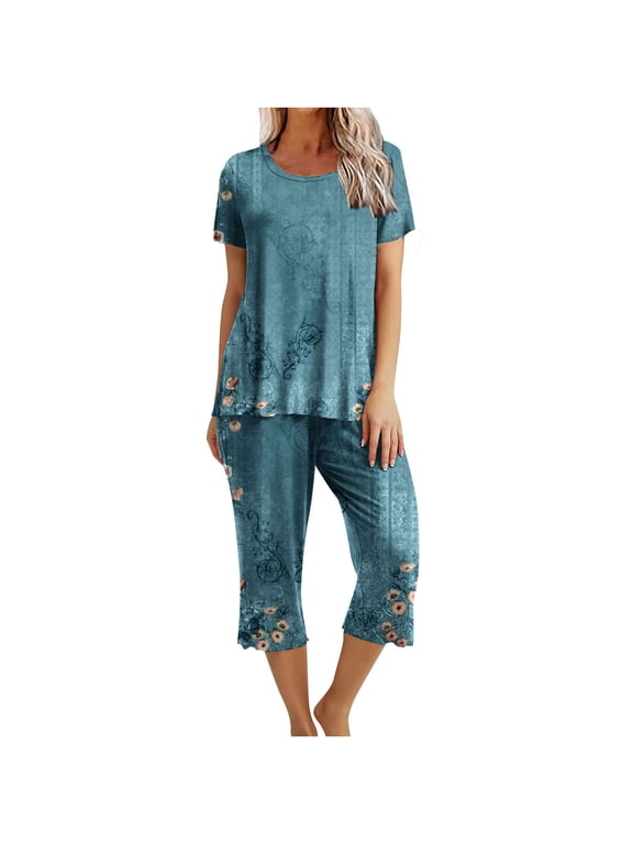 Pajamas Sets for Women Printed Two Pieces Short Sleeve Sleep-shirt and Capri Pants with Pockets Homewear Pajamas Sets,Dark Blue A