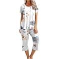 thumbnail image 1 of IROINNID Pajamas Sets for Women Short Sleeve Printing Sleep-shirt and Capri Pants Two Pieces Loungewear Pajamas Sets with Pockets,White, 1 of 8