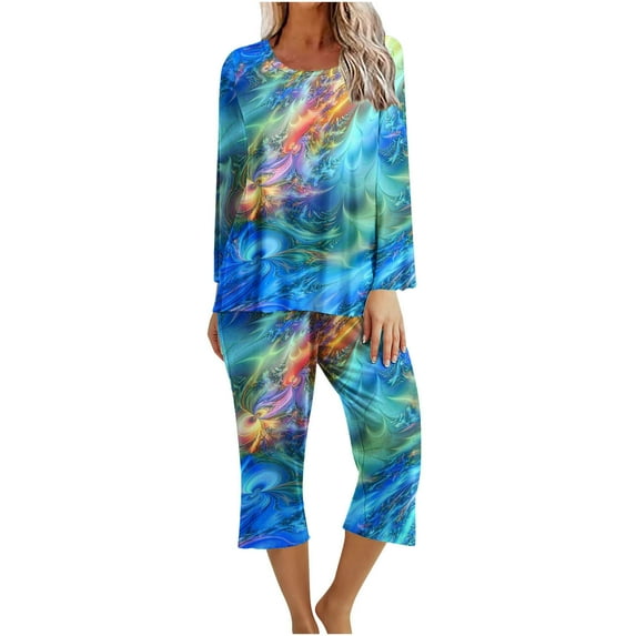 IROINNID Pajamas for Women 2PC Set Loose Fit Crewneck Pullover with Capri Comfortable Homewear Print Sleepwear Set,Light Blue