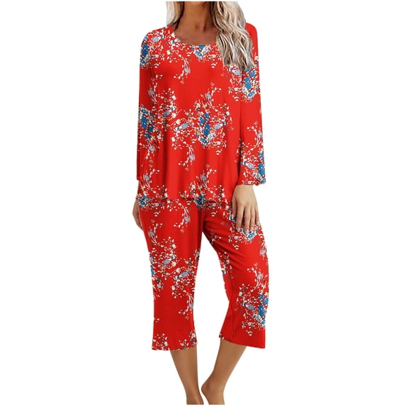 IROINNID Pajamas for Women 2PC Set Loose Fit Crewneck Pullover with Capri Comfortable Homewear Print Sleepwear Set,Red