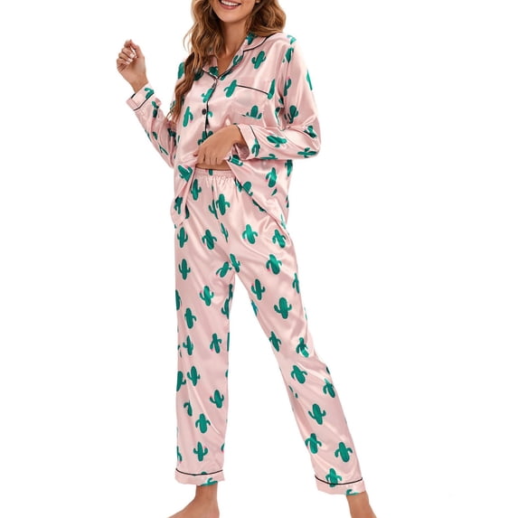 IROINNID Pajamas for Women Home Clothes Long Sleeved Solid Color Silk Like Shirt Trousers Thin Pajama Suit Sleepwear,Pink