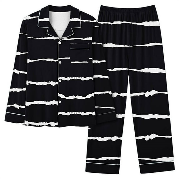 IROINNID Pajamas for Women Loose Fit 2PC Pjs Button Down Long Sleeve Blouse Pants Stripe Comfortable Sleepwear Set with Pocket,Black