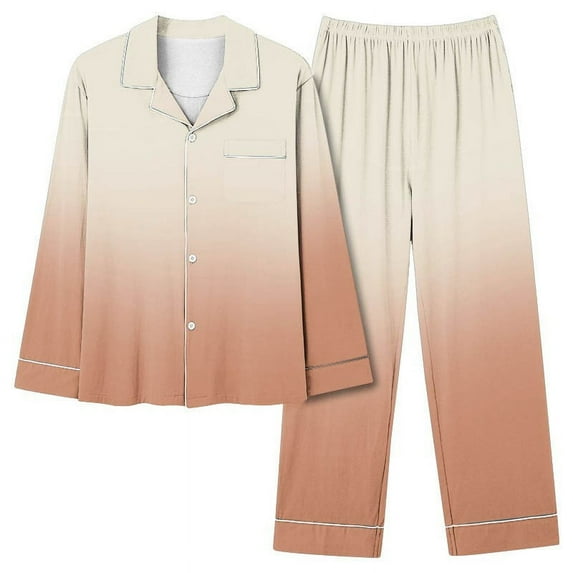 IROINNID Pajamas for Women Loose Fit 2PC Pjs Long Sleeve Button Down Blouse Pants Comfortable Gradient Sleepwear Set,Khaki