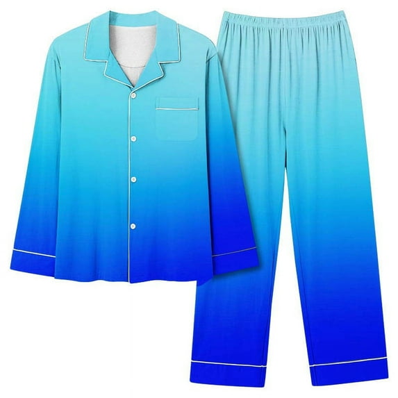 IROINNID Pajamas for Women Loose Fit 2PC Pjs Long Sleeve Button Down Blouse Pants Gradient Comfortable Sleepwear Set with Pocket,Blue