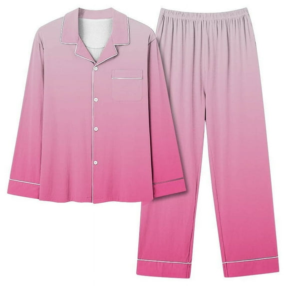 IROINNID Pajamas for Women Loose Fit 2PC Pjs Long Sleeve Button Down Blouse Pants Gradient Comfortable Sleepwear Set with Pocket,Pink