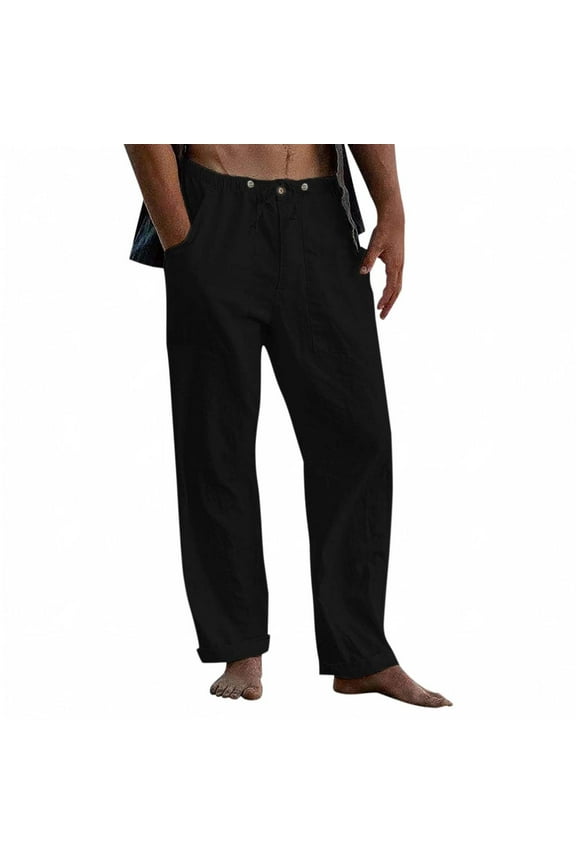 Pant's For Men Relaxed Cigarette Linen Drawstring Loose Trousers Solid Color Elastic Waist Pants