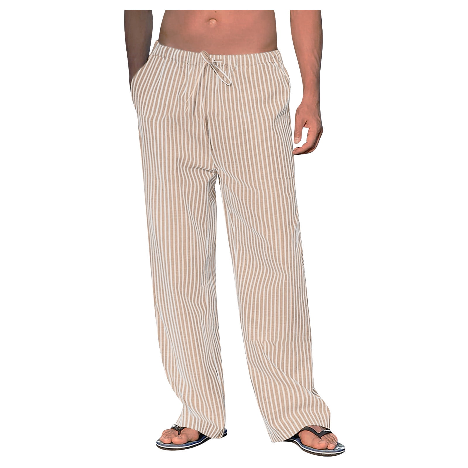 IROINNID Pant's For Men Relaxed Cigarette Pants Drawstring Breathable  Cotton Linen Loose Pants Solid Color Elastic Waist Pants