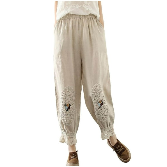 IROINNID Pants For Women Casual Cotton Linen Drawstring Waist Pants Summer Basic Loose Retro Trousers