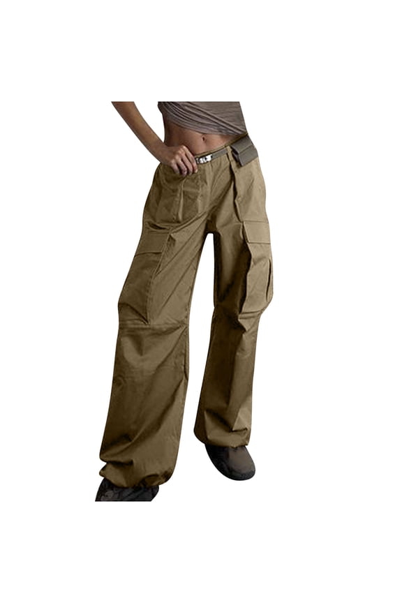 Pants for Women Cargo Baggy Mid Waist Wide Leg Bib Full Length Trendy Casual Cargo Pants,Olive Green