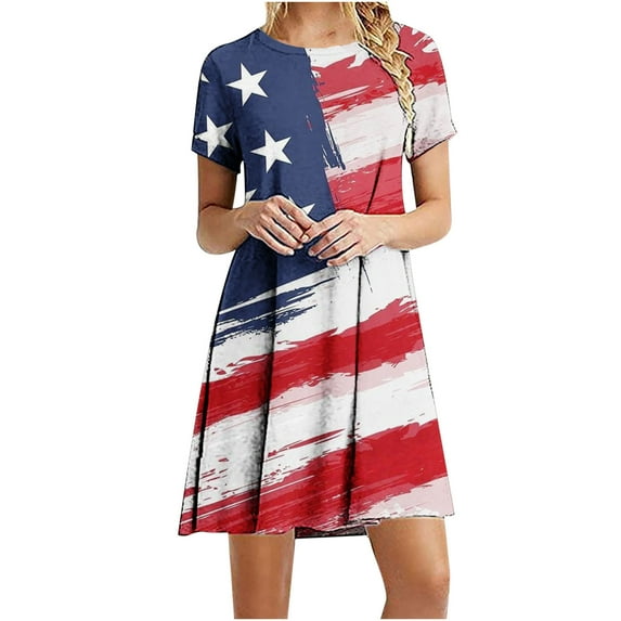 IROINNID Patriotic Dress for Women Round Neck Short Sleeve A-Line Dress Summer Casual Boho l Print Beach Mini Dress American Independence Day Dress