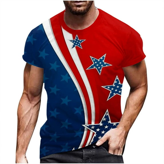 IROINNID Patriotic Shirts for Men Round Neck Short Sleeve Printed Casual T-Shirt Tops Blouse USA Flag Prints Tops