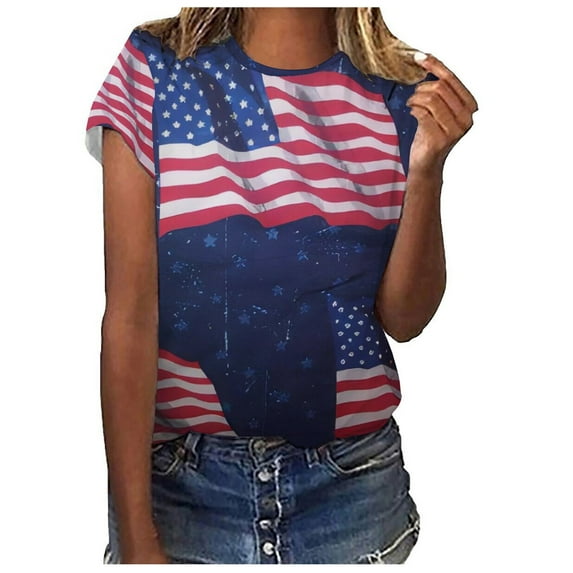 IROINNID Patriotic Shirts for Women Round Neck T-Shirt America Independence Day Blouse Tops Short Sleeve Tops