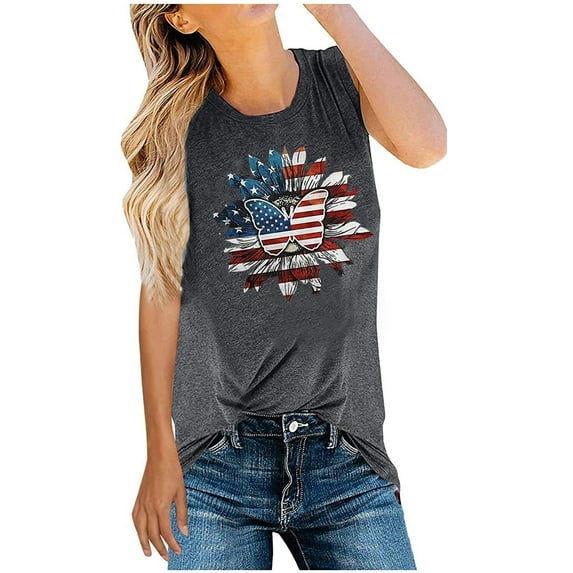IROINNID Patriotic Shirts for Women Round Neck Tank Sunflower Casual Summer Tops Blouse Sleeveless Tops America Independence Day