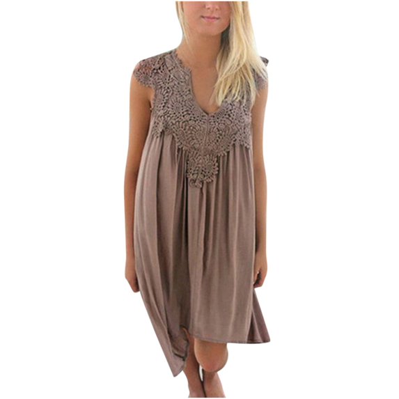 IROINNID Peplum Dress For Women Fashion Lace Beach Solid Sling Sleeveless Gorgeous Casual Dress V-Neck Below The Knee Dress