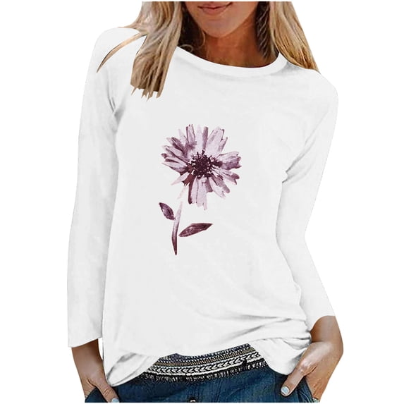 IROINNID Pink Tops for Women Long Sleeves Shirts Graphic Printed Round Neck Casual Tee Reduced,White