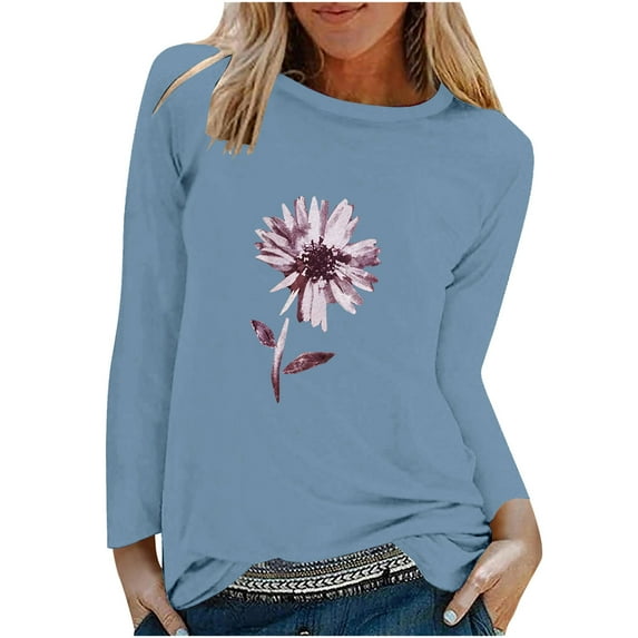 IROINNID Pink Tops for Women Long Sleeves Shirts Printed Round Neck Comfy Tee ,Blue