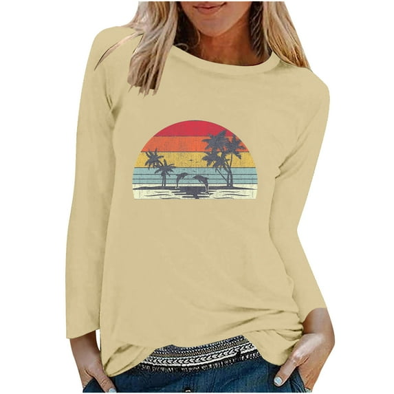 IROINNID Pink Tops for Women Spring Printed Long Sleeves Round Neck Casual Shirt Savings,Khaki