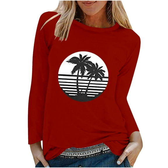 IROINNID Pink Tops for Women Spring Printed Long Sleeves Round Neck Leisure Tee,Red