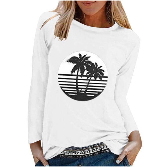 IROINNID Pink Tops for Women Spring Printed Long Sleeves Round Neck Leisure Tee,White