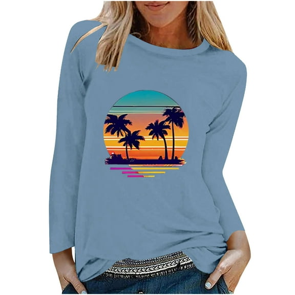 IROINNID Pink Tops for Women Spring Printed Round Neck Casual Long Sleeve Tee,Blue