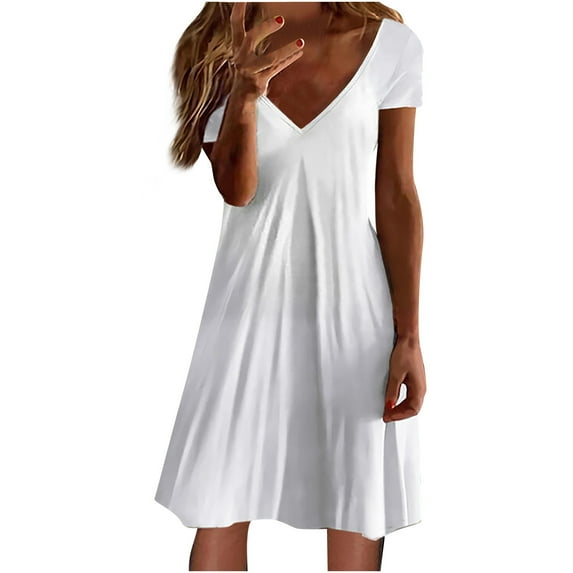 IROINNID Plain Dresses For Women Casual Summer Solid Color Loose Elastic Short Sleeve V Neck Dress Summer Saving