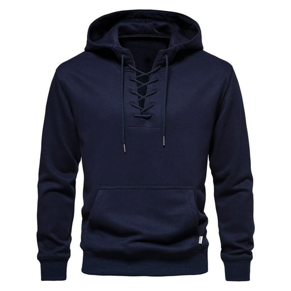 IROINNID Plain Hoodies Pullover for Men Cozy Solid Hooded Have Pockets Long Sleeve Sweatshirt Blouse Tops Deals,Navy