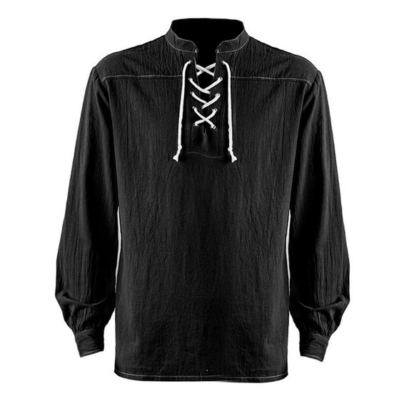 IROINNID Plain Long Sleeve Shirts for Men Leisure Cotton And Linen Shirt Medieval Retro Strapping Standing Collar Stage Top Underneath Shirt Top Clearance,Black