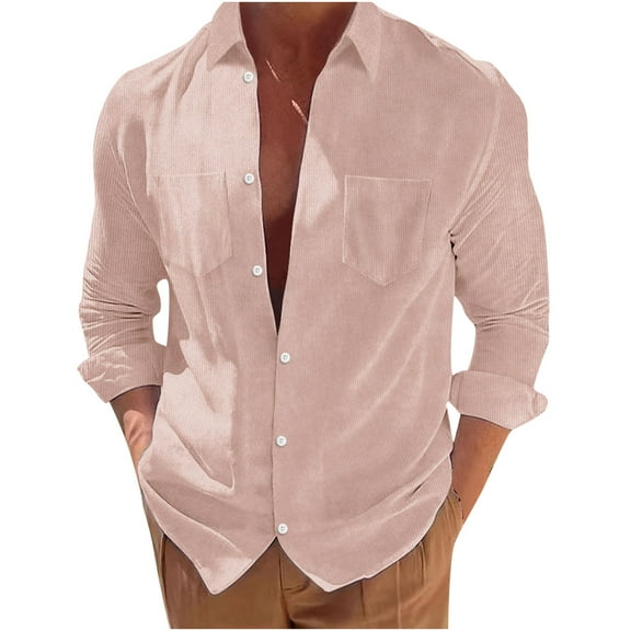IROINNID Plain Long Sleeve Shirts for Men Casual Turn-down Collar Solid Button Down Shirt Blouse Tops ,Pink