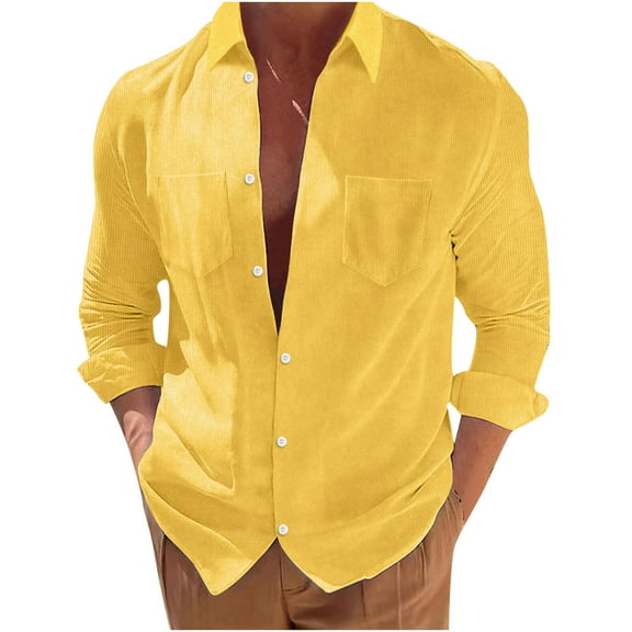 IROINNID Plain Long Sleeve Shirts for Men Casual Turn-down Collar Solid Button Down Shirt Blouse Tops ,Yellow