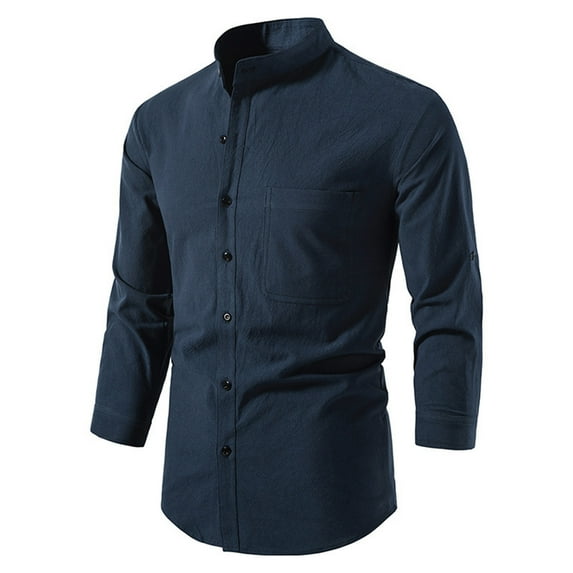 IROINNID Plain Long Sleeve Shirts for Men Comfy Spring And Summer Cotton Linen Shirt Stand Collar Shirt,Navy