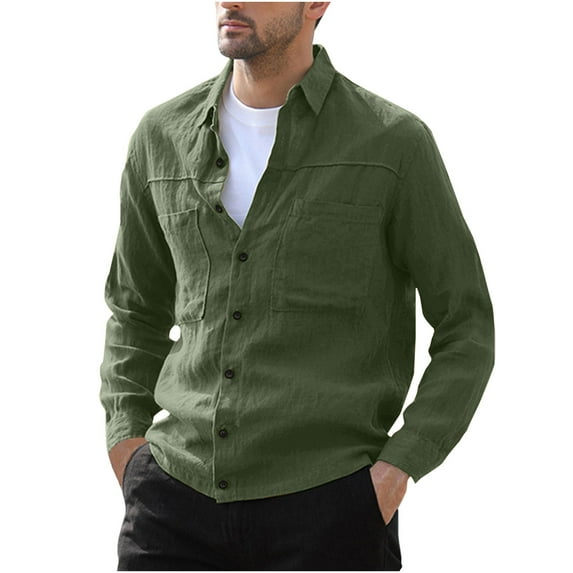 IROINNID Plain Long Sleeve Shirts for Men Loose Solid Button Button Down Shirt Blouse Tops ,Olive Green