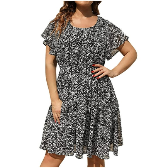 IROINNID Plus Size Dresses For Women Comfy Summer Round-Neck Print Casual Short Sleeve Loose Dress Summer