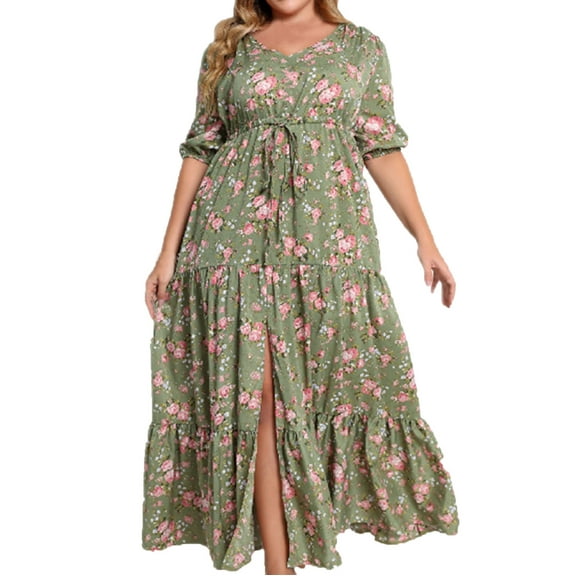 IROINNID Plus Size Dresses For Women Formal Weeding Guest Dress Print V-neck Ventilate Float Dress