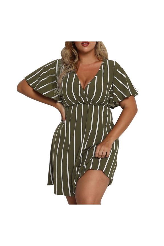 Plus Size Dresses For Women Date Night Fashion Summer V Neck Short Sleeve Loose Stripe Print Dress Summer