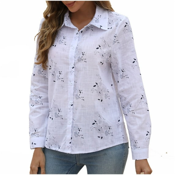 IROINNID Plus Size Shirts for Women Cotton Shirts for Women Comfy Long Sleeve Turndown Collar V-Neck Button Elastic Blouse Shirts,White