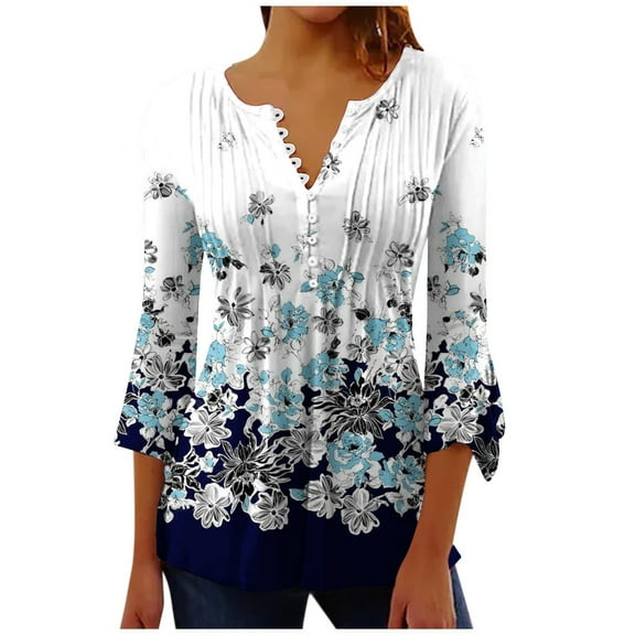 IROINNID Plus Size Shirts for Women Crew Neck Long Sleeve Casual Trumpet Printed Buttoned Basic Ruched Tops Pleated T-shirts Blouses,Navy