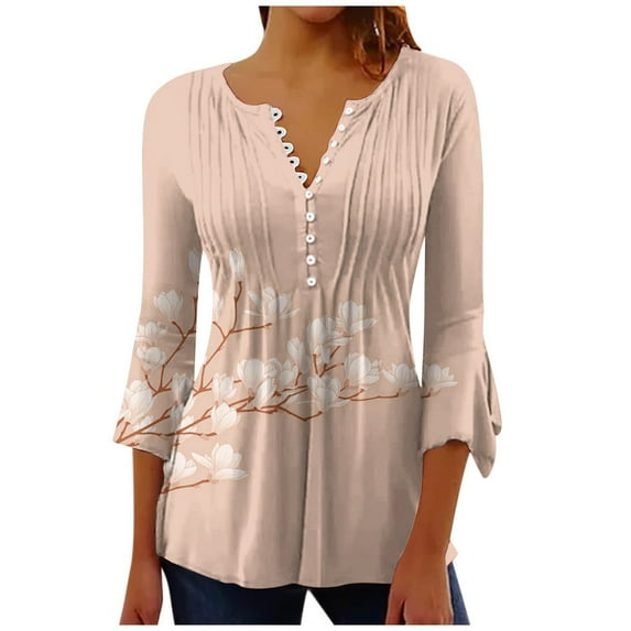 IROINNID Plus Size Shirts for Women Crew Neck Long Sleeve Comfortable Trumpet Printed Buttoned Basic Ruched Tops Pleated T-shirts Blouses,Khaki