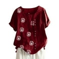 thumbnail image 1 of IROINNID Plus Size Shirts for Women Summer Casual Round Neck Short Sleeve Flower Printing Loose Breathable Tops Burgundy, 1 of 4