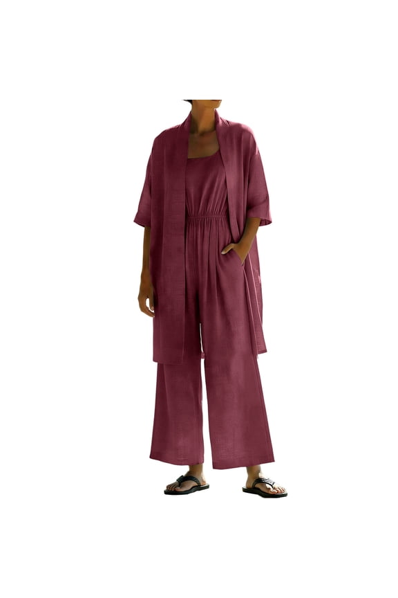 Plus Size Solid Linen Two Piece Set For Women, Short Sleeve Linen Jacket + Suspender Wide Leg Jumpsuit, Breathable Loose Casual Daily Matching Outfit, Summer Fashion Streetwear Clothing