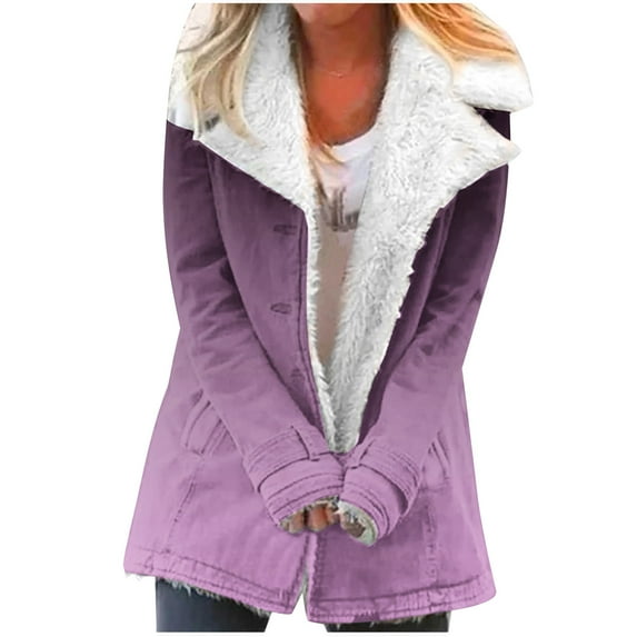 IROINNID Plush Jacket for Women Winter Thermal Fleece Jacket Long Sleeve Button Down Print Coat with Pocket,Purple