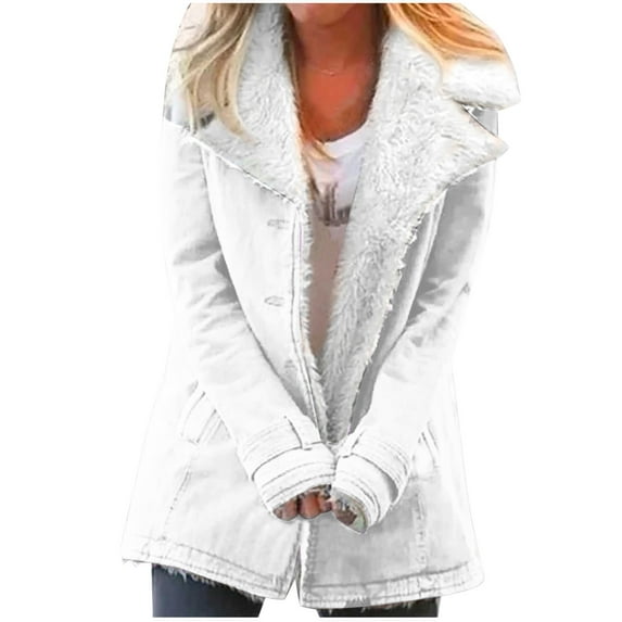 IROINNID Plush Jacket for Women Winter Thermal Plush Jacket Long Sleeve Button Down Print Warm Coat with Pocket,White